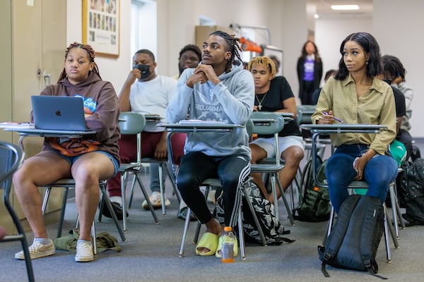 K.J. Watch (center) attends a class at Morris Brown on Monday, August 15, 2022. (Arvin Temkar / arvin.temkar@ajc.com)