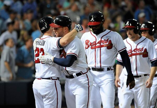 Atlanta Braves' Freddie Freeman, center, celebrates with Chris Johnson after Freeman's three-RBI home run against the Oakland Athletics during the third inning of a baseball game Friday, Aug. 15, 2014, in Atlanta. (AP Photo/David Tulis) Freeman puts up a three-spot. (David Tulis/AP)