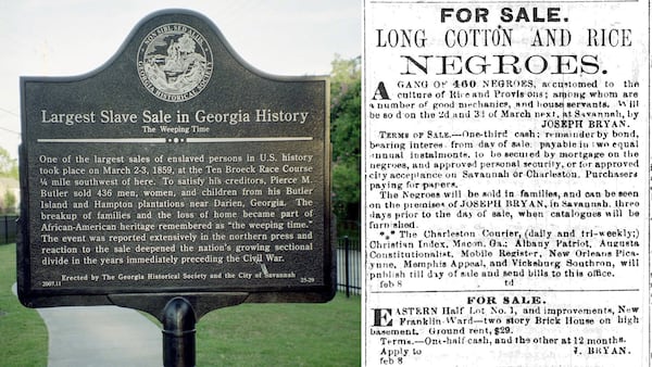 A historical marker in West Savannah stands close to the place of “The Weeping Time,” the largest sale of slaves in U.S. history. At right, a newspaper advertisement from 1859 announcing the sale. 