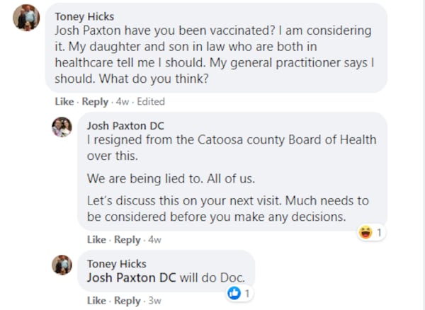 Catoosa County chiropractor Josh Paxton had this conversation on Facebook with Toney Hicks, a 78-year-old patient. At the time, Hicks's family wanted him to take a COVID vaccine, but he remained undecided. (Special)