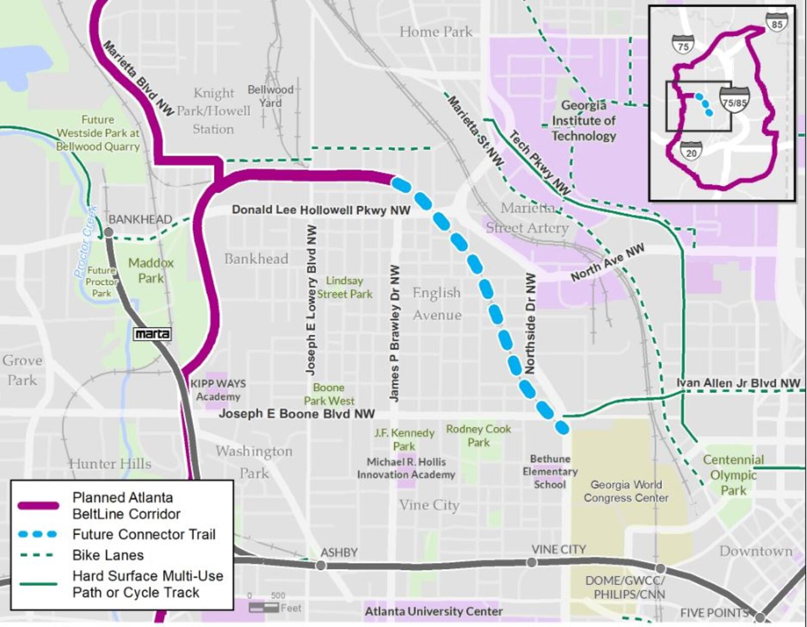 According to the release, the trail would also connect Northside Drive to the recently purchased “Kudzu Line,” which will provide access to the Bankhead MARTA station — the Green Line’s western terminus — and Maddox Park. In that transaction, the city bought a 1.8 mile stretch of  land from train giant CSX  using $6.3 million in transportation tax funds. (Credit: Atlanta Beltline)