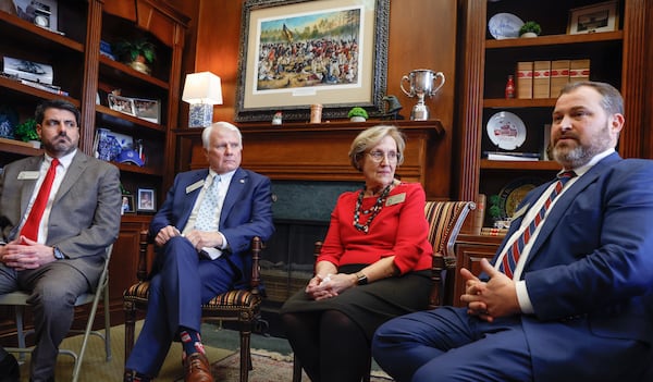 (Left to right) House Majority Leader Chuck Efstration,  House Speaker Jon Burns, Chairman of Public Health Sharon Cooper and Kasey Carpenter (R-Dalton) discuss the Safe at Home Act on Tuesday, February 14, 2023. (Natrice Miller/ Natrice.miller@ajc.com)