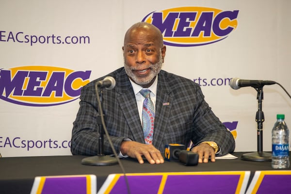 MEAC commissioner Dennis Thomas speaks at a news conference during the 2020 MEAC basketball tournament at the Scope in Norfolk, Virginia, on March 11, 2020.  {Photo by Mark W. Sutton}