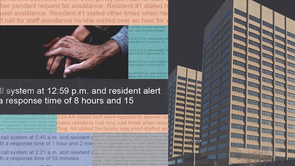 An illustration showing inspection reports and, at right, the buildings that host the state Department of Community Health.