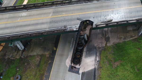 Aerial photos of the I-16 crash site show the extent of damage to the bridge above the interstate on Georgia 86. (Georgia Department of Transportation photo via Twitter)