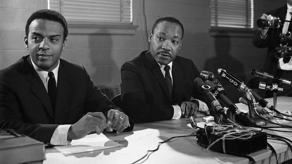 Martin Luther King Jr. and SCLC director Andrew Young during a press conference in 1967.