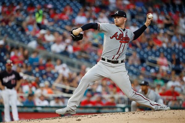 Starting pitcher Sean Newcomb  of the Braves pitches against the Washington Nationals during game two of a doubleheader at Nationals Park on August 7, 2018 in Washington, DC. (Photo by Patrick McDermott/Getty Images)