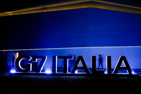 A view of the Palacongressi where Foreign Ministers of the G7 and from different Arab countries met at the G7 of foreign Ministers in Fiuggi, some 70 kilometers south-east of Rome, Monday, Nov. 25, 2024. (AP Photo/Alessandra Tarantino)