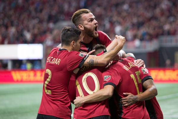 March 11, 2018.  Atlanta United defender Leandro Gonzalez reacts towards the fans after his team mate Josef Martinez scored the first goal during the first half against the DC United on March 11, 2018 in Atlanta Ga..