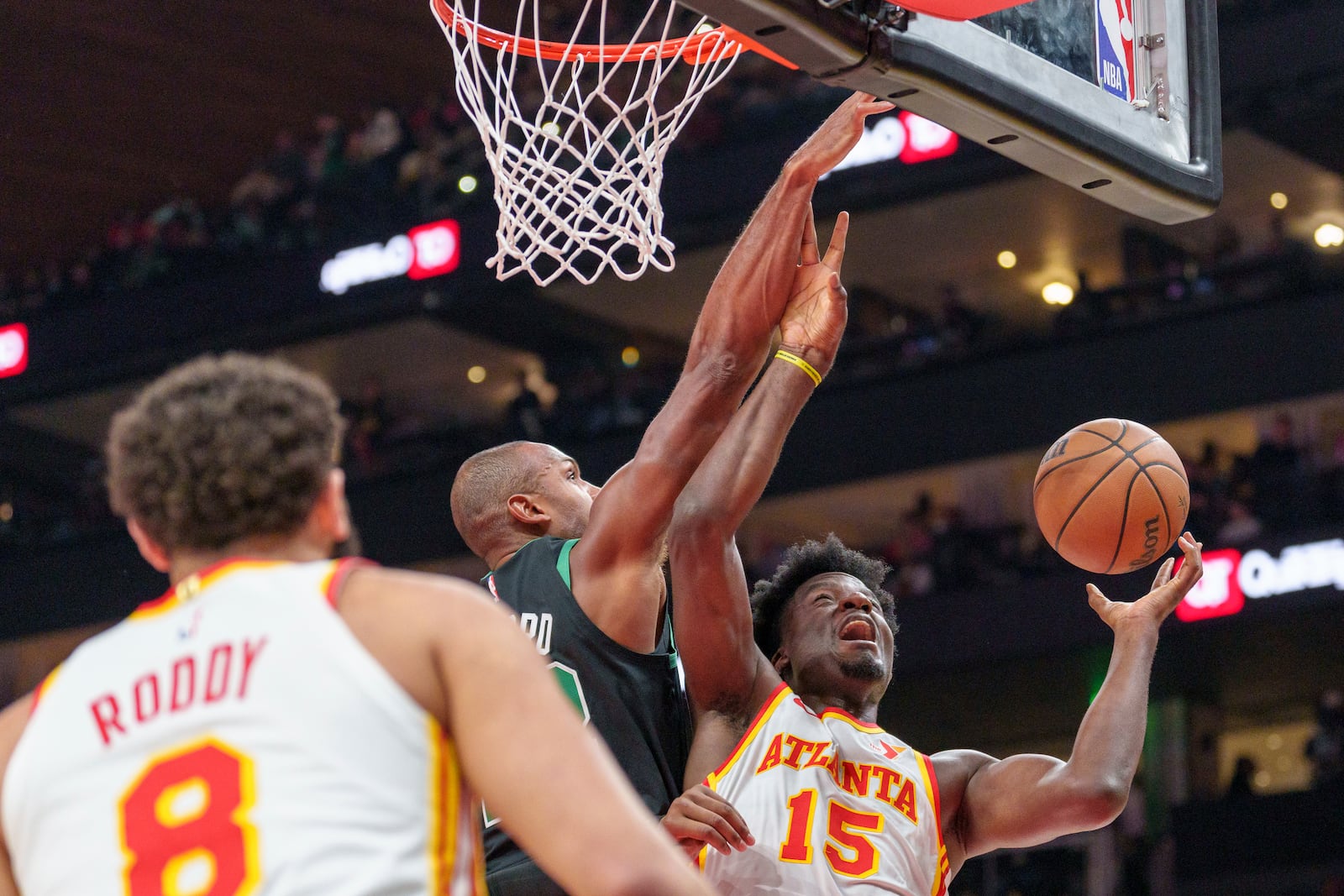 Atlanta Hawks center Clint Capela (15) goes up for a layup during the first half of an NBA basketball game against the Boston Celtics, Monday, Nov. 4, 2024, in Atlanta. (AP Photo/Jason Allen)