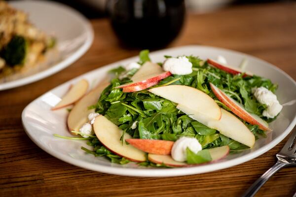 MTH Pizza Georgia Apples and Arugula salad with pecans, hand packed ricotta, apple and vinegar, and evoo. Photo credit- Mia Yakel