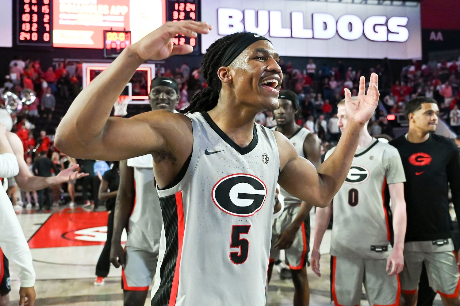 Georgia guard Silas Demary Jr. (5) is all smiles after beating Vanderbilt 79-68 in an NCAA Basketball game Saturday, March 8, 2025 at Stegeman Coliseum in Athens. (Daniel Varnado/For the Atlanta Journal-Constitution)