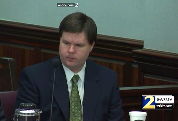 Justin Ross Harris listens to the cross examination of his ex-wife Leanna Taylor during his murder trial at the Glynn County Courthouse in Brunswick, Ga., on Monday, Oct. 31, 2016. (screen capture via WSB-TV)