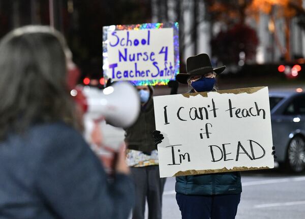 November 19, 2020 Marietta - Connie Jackson (foreground), president of Cobb County Association of Educators, leads a peaceful protest rally at the Cobb County Civic Center on Thursday, November 19, 2020. The participants are among the growing number of CCSD staff and nurses who are concerned about how the school district is managing the spread of COVID-19 in its schools. (Hyosub Shin / Hyosub.Shin@ajc.com)