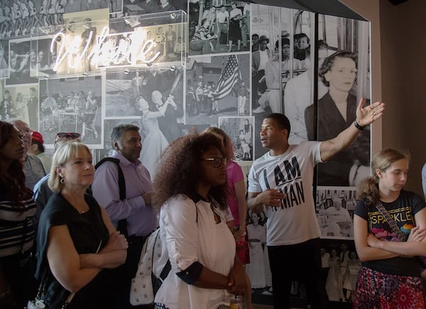 Lee Jenkins, the Pastor of Eagles Nest Church, talks with members of his church and members of the Roswell Community Church about his personal experience with the Civil Rights Movement during a trip to the National Center for Civil and Human Rights in  2017. (STEVE SCHAEFER / SPECIAL TO THE AJC)