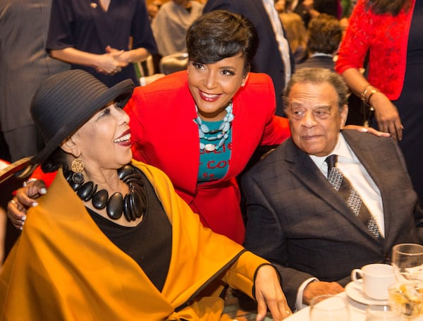 Keisha Lance Bottoms, Mayor of Atlanta (center) poses with Caroline Young and Ambassador Andrew Young at the State of the City Business Breakfast at the Georgia World Congress Center in Atlanta on Tuesday. (Photo by Phil Skinner)