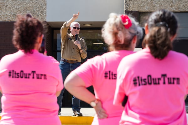 David Chastain, Cobb County school board member, speaks during a rally at Sprayberry High School on Sunday, April 18, 2021, in Marietta, Georgia. Parents and community members held the rally to encourage Cobb County school board members to allocate funds to renovate the school. CHRISTINA MATACOTTA FOR THE ATLANTA JOURNAL-CONSTITUTION