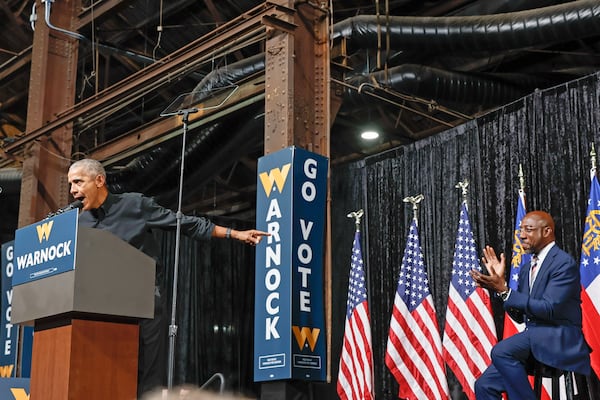 Former President Barack Obama campaigns for Sen. Raphael Warnock in Atlanta on Thursday, December 1, 2022. (Natrice Miller/natrice.miller@ajc.com)  