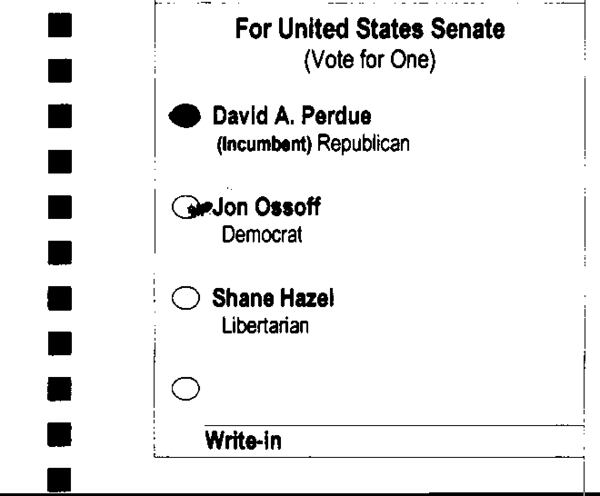 An extra mark in the U.S. Senate race was called ambiguous. A bipartisan ballot review team decided to count this ballot for Republican David Perdue.