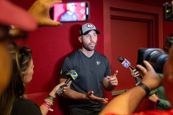 Falcons offensive coordinator Dave Ragone speaks to press at a team training session at Mercedes-Benz Stadium in Atlanta on Friday, June 2, 2023. (Arvin Temkar / arvin.temkar@ajc.com)