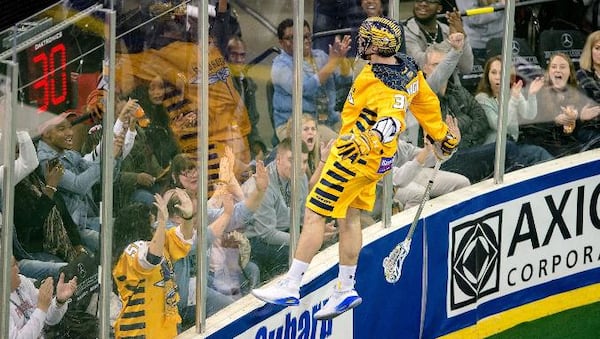 Georgia Swarm defenseman No. 31 John Ranagan celebrates after scoring a goal. (Photo: Kyle Hess/Georgia Swarm)