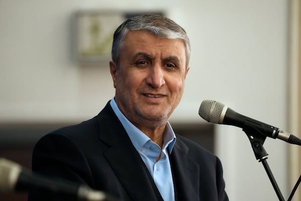 Head of Atomic Energy Organization of Iran Mohammad Eslami listens during his joint press conference with International Atomic Energy Agency (IAEA) Director General Rafael Mariano Grossi in Tehran, Iran, Thursday, Nov. 14, 2024. (AP Photo/Vahid Salemi)