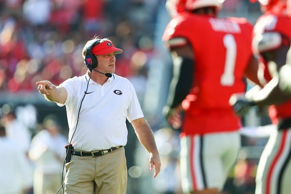 Georgia head coach Kirby Smart coaches on the sideline during their game against UT-Martin at Sanford Stadium, Saturday, September 2, 2023, in Athens, Ga. (Jason Getz / Jason.Getz@ajc.com)