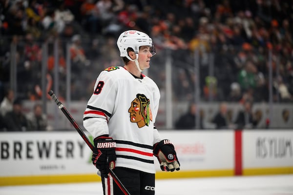 Chicago Blackhawks center Ryan Donato looks on during the third period of an NHL hockey game against the Anaheim Ducks, Saturday, March 1, 2025, in Anaheim, Calif. (AP Photo/William Liang)