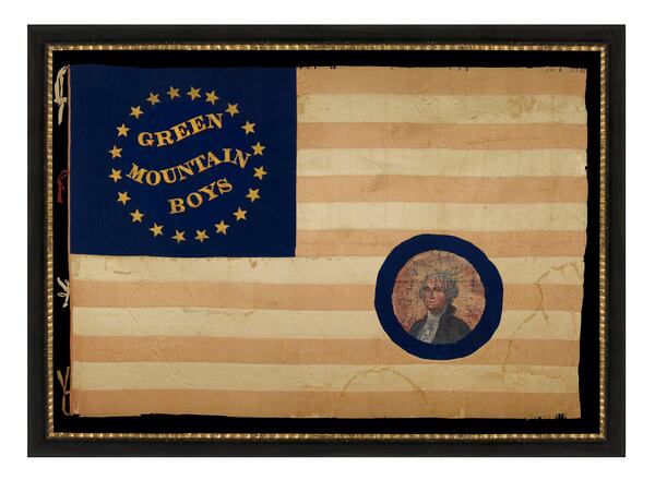 This silk Civil War battle flag of the Green Mountain Boys features a portrait of George Washington and “whimsical gold text surrounded by a Southern-exclusionary count of 20 stars,” according to the listing on Jeff Bridgman’s website. It was made either for a parade in honor of the 1876 centennial celebration of the nation’s independence or to commemorate the 100-year anniversary of Washington’s inauguration. Bridgman is at the 2017 Cathedral Antiques Show in Atlanta this week. CONTRIBUTED