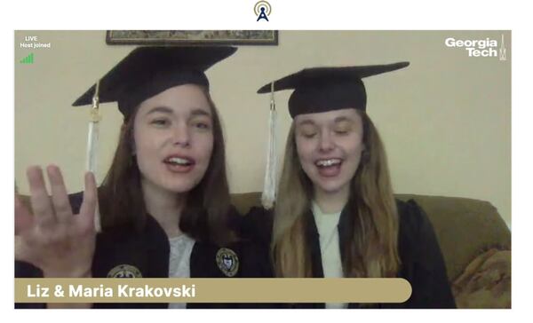 Twin sisters Liz and Maria Krakovski speak about their experience attending Georgia Tech during a virtual commencement ceremony on May 1, 2020. CONTRIBUTED BY GEORGIA TECH