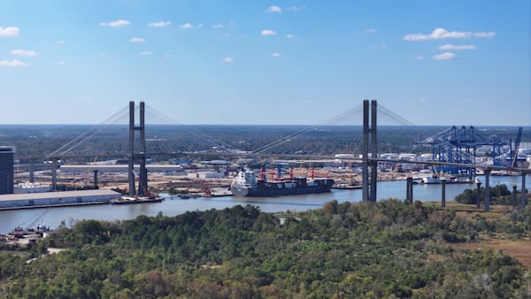 A view of the Talmadge Bridge above the Savannah River.