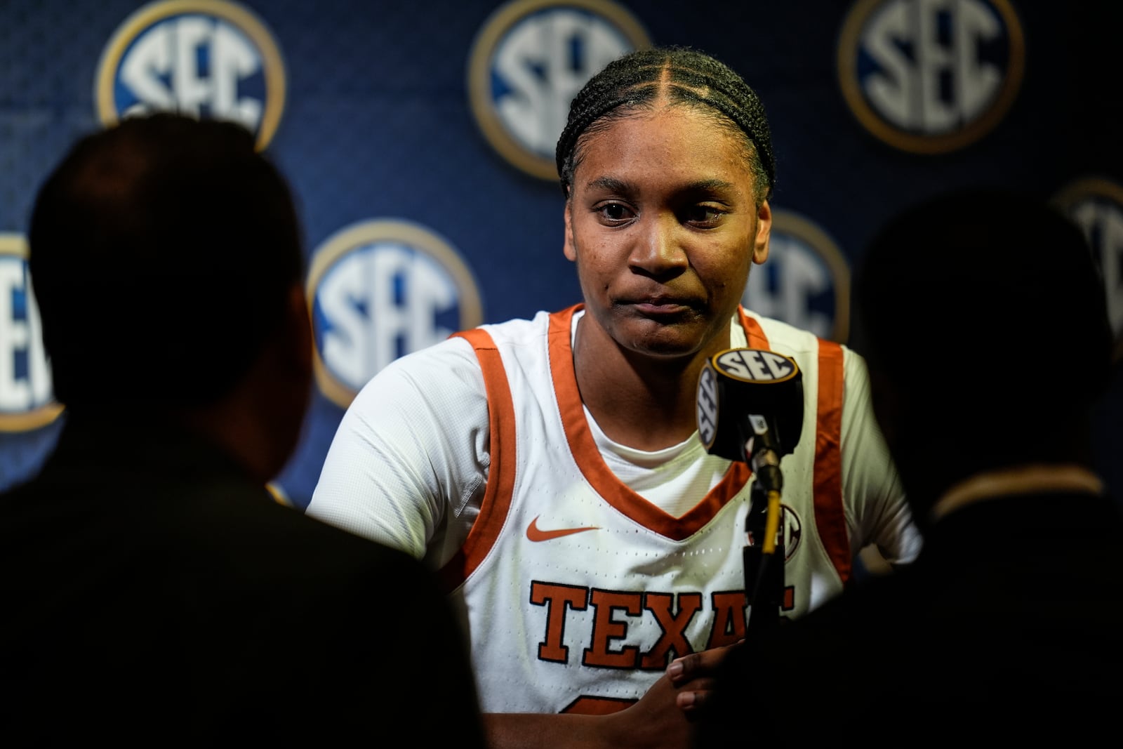 Texas player Madison Booker speaks during NCAA women's college basketball Southeastern Conference Media Day, Wednesday, Oct. 16, 2024, in Birmingham, Ala. (AP Photo/Mike Stewart)