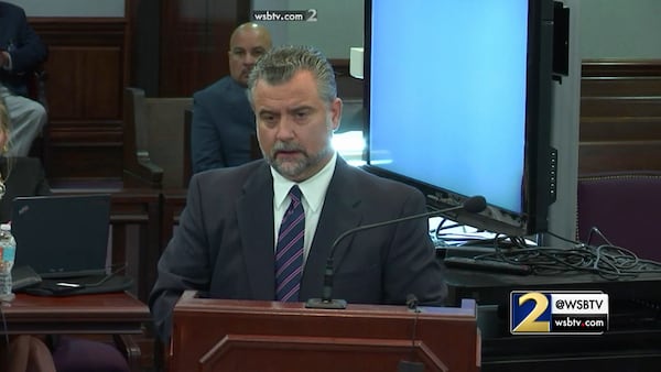 Defense attorney Maddox Kilgore questions Leanna Taylor, the ex-wife of Justin Ross Harris, during Harris' murder trial at the Glynn County Courthouse in Brunswick, Ga., on Monday, Oct. 31, 2016. (screen capture via WSB-TV)