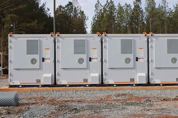 Views of battery containers are shown on Tuesday, Nov. 14, 2023 at the site of a new battery energy storage system (BESS) that Georgia Power is constructing and bringing online near Columbus, Ga. (Natrice Miller/ Natrice.miller@ajc.com)