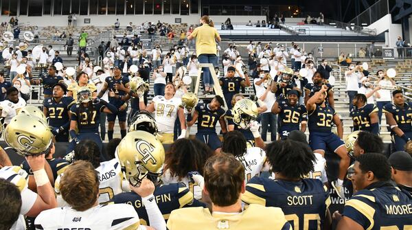 Players celebrate during the 2021 Spring Game at Georgia Tech's Bobby Dodd Stadium in Atlanta on Friday, April 23, 2021. (Hyosub Shin / Hyosub.Shin@ajc.com)