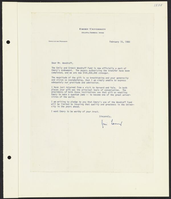 Then-Emory University President Jim Laney wrote this letter to Robert W. Woodruff in 1980 confirming the transfer of 3 million shares of Coca-Cola stock by the Woodruff family to the university. 