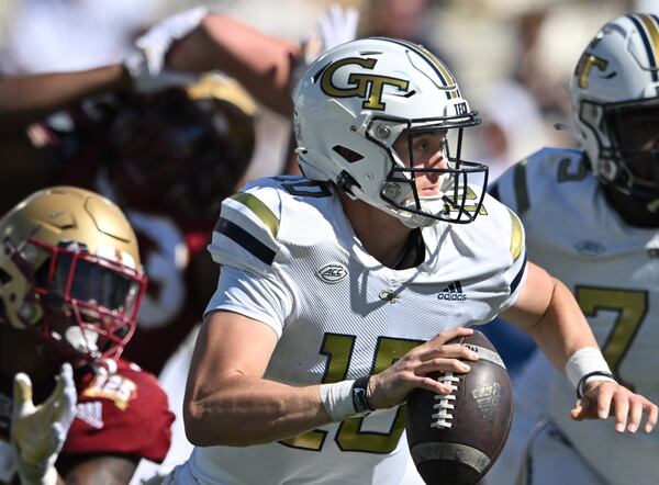 Georgia Tech quarterback Haynes King (10) makes a move to get off a pass during the second half of an NCAA college football game at Georgia Tech's Bobby Dodd Stadium, Saturday, October 21, 2023, in Atlanta. Boston College won 38-23 over Georgia Tech. (Hyosub Shin / Hyosub.Shin@ajc.com)