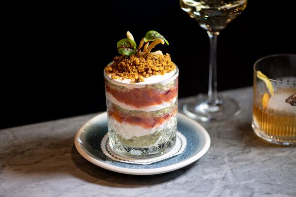 Toffee Trifle dessert with chocolate cremeux, mint sponge cake, and blood orange jam. Photo credit- Mia Yakel.