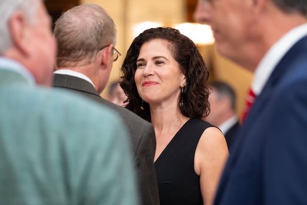 New Labor Commissioner Barbara Rivera Holmes greets people following a press conference at the State Capitol in Atlanta on Tuesday, March 18, 2025. Ben Gray for the Atlanta Journal-Constitution