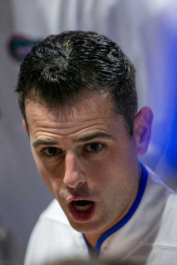 Florida head coach Todd Golden speaks during a timeout during the first half of an NCAA college basketball game against Grambling State, Monday, Nov. 11, 2024, in Gainesville, Fla. (AP Photo/Alan Youngblood)