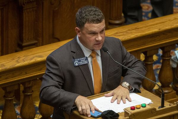 Georgia Sen. Tyler Harper, R-Ocilla, presents House Bill 847, which deals with growing hemp, Monday in the Senate. The Senate approved the bill, which is now headed to Gov. Brian Kemp’s desk to be signed or vetoed. (ALYSSA POINTER / ALYSSA.POINTER@AJC.COM)