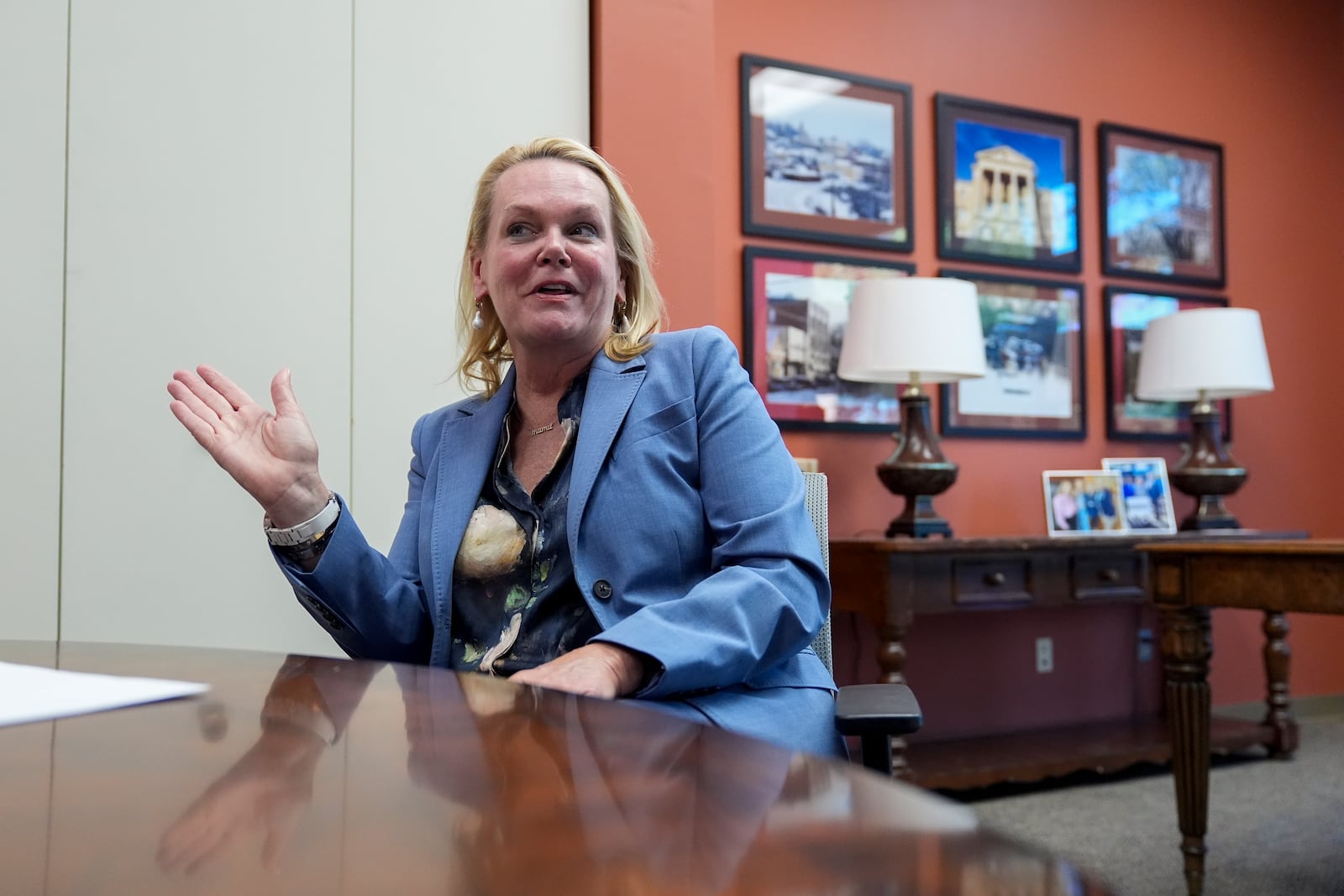 April McClain-Delaney, Democratic candidate for Maryland's Sixth Congressional District, speaks during an interview with The Associated Press, Thursday, Oct. 10, 2024, in Gaithersburg, Md. (AP Photo/Stephanie Scarbrough)