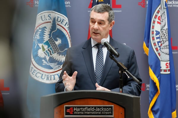  TSA director David Pekoske speaks during a press conference at Hartsfield-Jackson Atlanta International Airport on Monday, May 22, 2023. Transportation security and air travel executives updated the public on their preparations as they anticipate increased travel volumes and busier airports during the summer travel season, commencing with the Memorial Day holiday.
Miguel Martinez /miguel.martinezjimenez@ajc.com