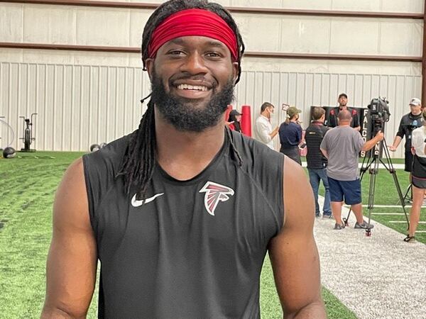 Falcons safety Dwayne Johnson after practice on Tuesday in Flowery Branch. (By D. Orlando Ledbetter/dledbetter@ajc.com)