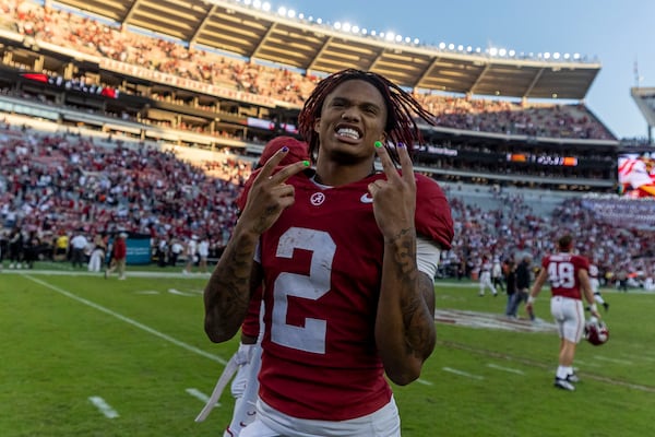 Alabama wide receiver Ryan Williams (2) celebrates after a win over Mercer in an NCAA college football game, Saturday, Nov. 16, 2024, in Tuscaloosa, Ala. (AP Photo/Vasha Hunt)