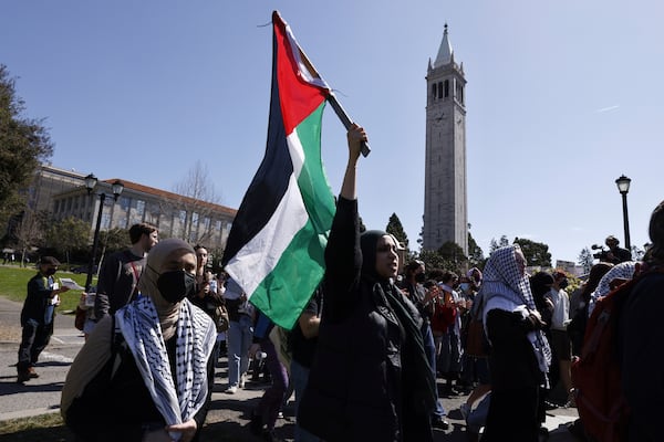 Protesters march on campus against the arrest of Mahmoud Khalil at UC Berkeley on Tuesday, March 11, 2025, in Berkeley, Calif. (Santiago Mejia/San Francisco Chronicle via AP)