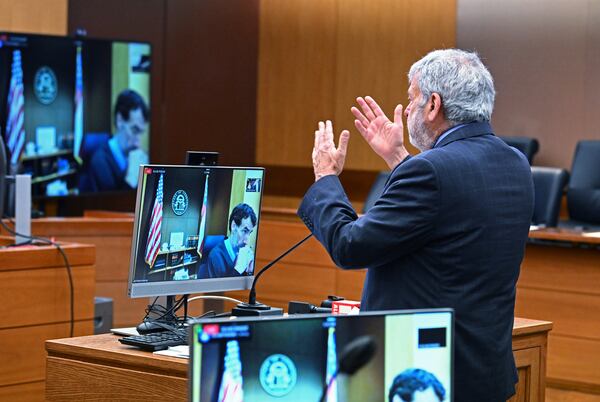 Legislators’ attorney Don Samuel speaks to Fulton Superior Court Judge Robert McBurney (on tv monitor) during a motion hearing at Fulton County Courthouse in Atlanta on Friday, July 1, 2022. Hyosub Shin / Hyosub.Shin@ajc.com