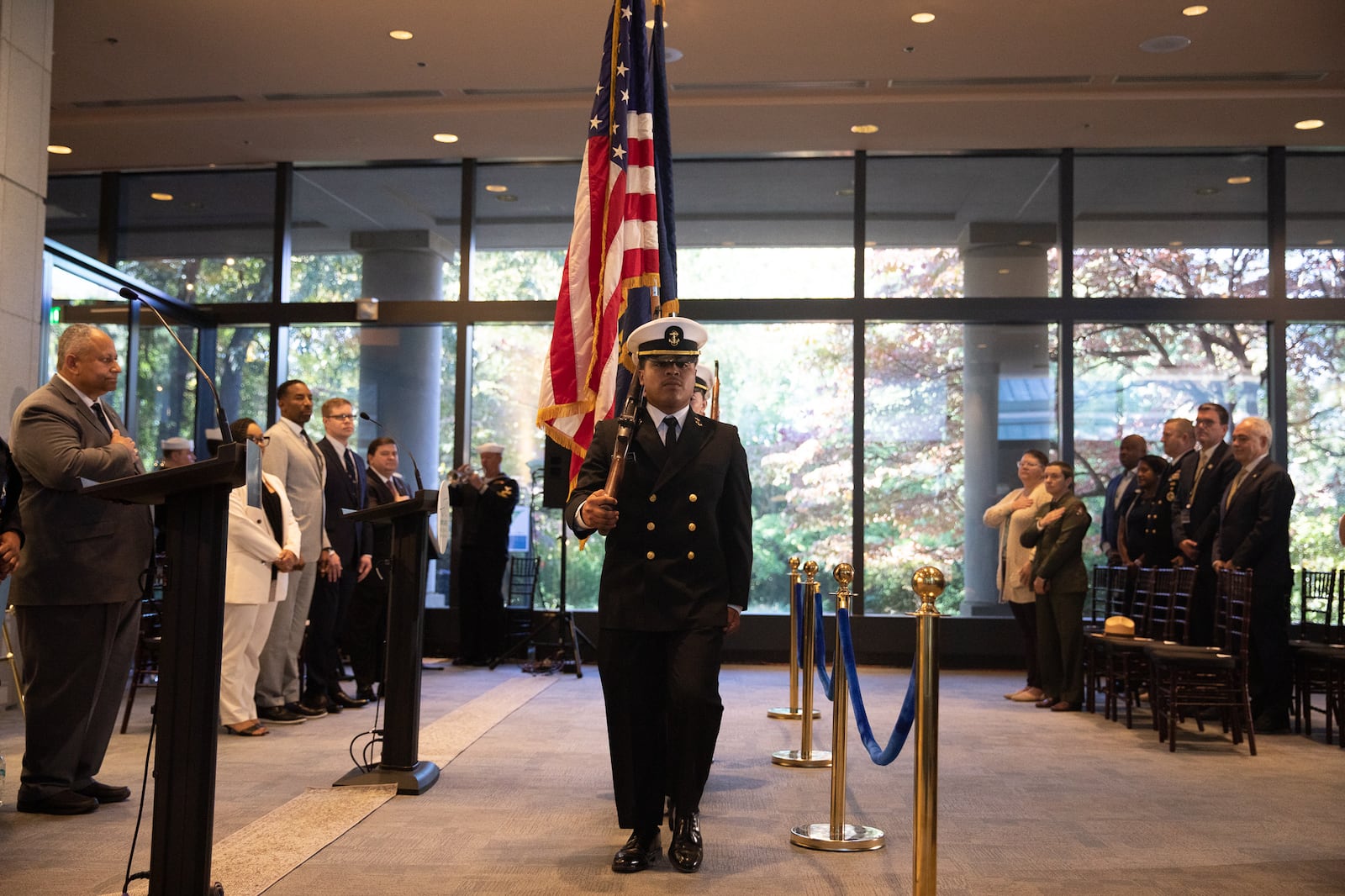 U.S. Secretary of the Navy Carlos Del Toro announces the branch's newest Virginia-class nuclear-powered submarine will be named the USS Atlanta during a ceremony at the Jimmy Carter Presidential Library and Museum on Oct. 23, 2024. Riley Bunch/AJC