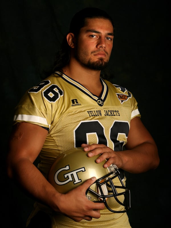 This photo of former Georgia Tech football player Joe Anoai was taken, coincidentally, 12 years ago to the day of his appearance at Tech’s uniform reveal Friday night. (File photo by Johnny Crawford)