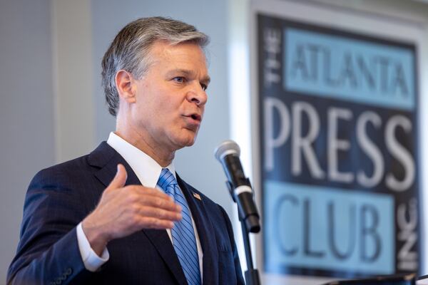 FBI Director Christopher Wray speaks at the Commerce Club in Atlanta for an event put on by the Atlanta Press Club on Tuesday, June 20, 2023. (Arvin Temkar/The Atlanta Journal-Constitution)